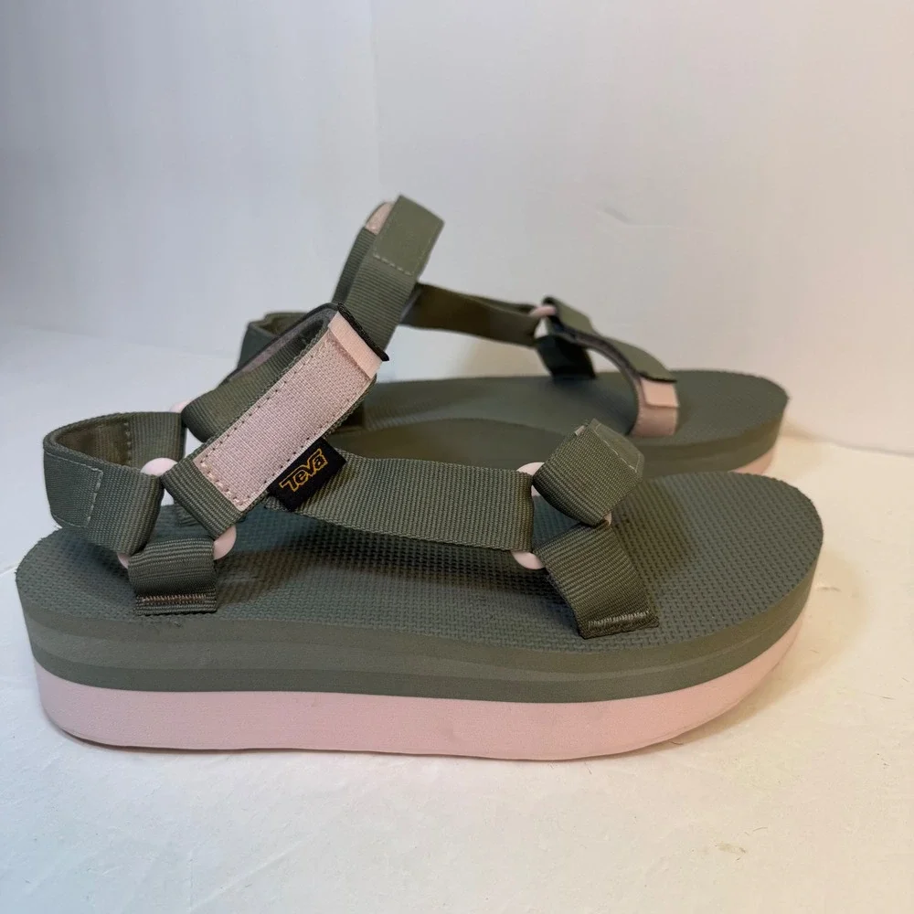 Teva Flatform Universal Sandals Olive Green Pink Women 8  Platform Strappy